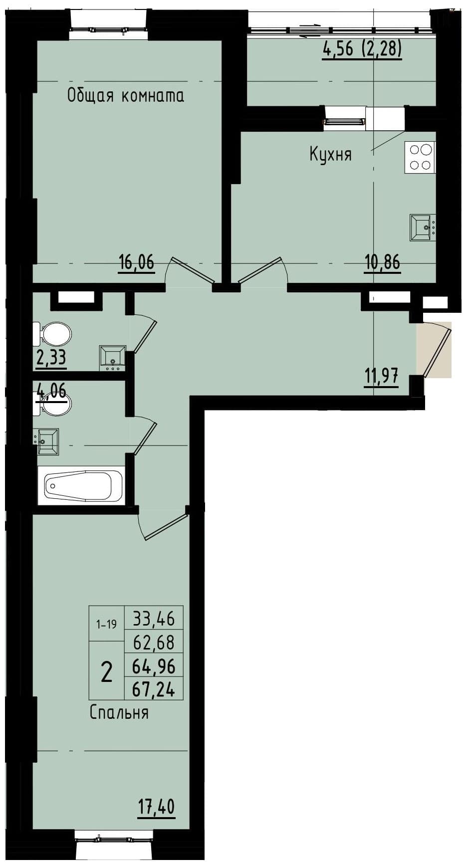 2 комн., 65.0 м²