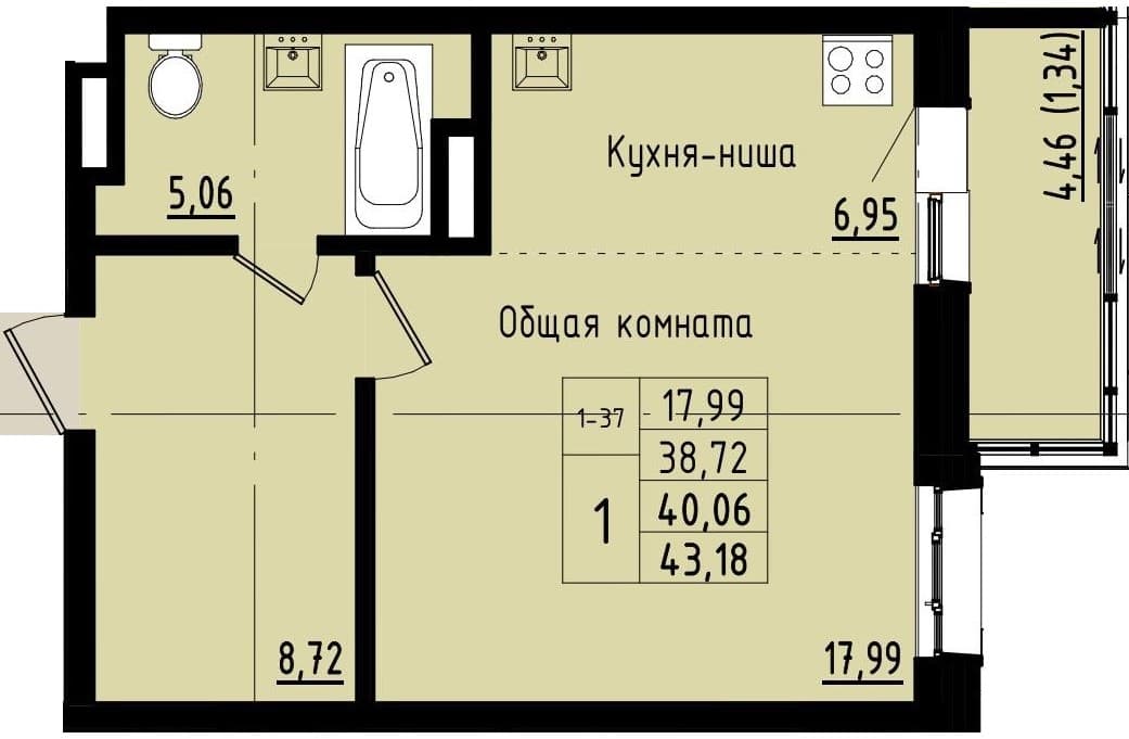 1 комн., 40.1 м²