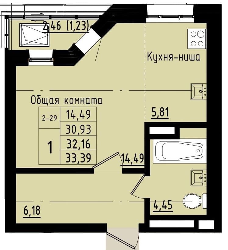 1 комн., 32.2 м²