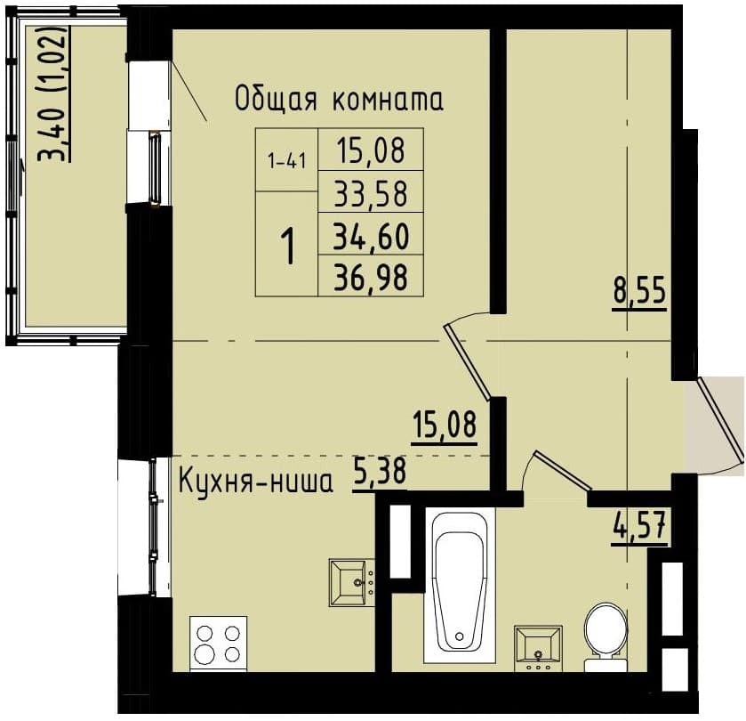 1 комн., 34.6 м²