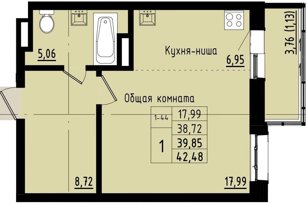 1 комн., 39.9 м²
