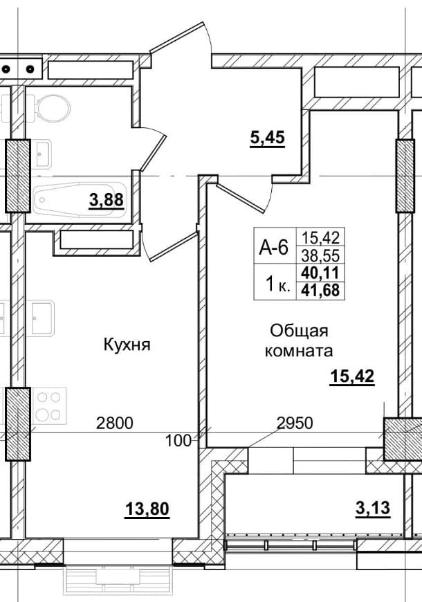 1 комн., 40.8 м²