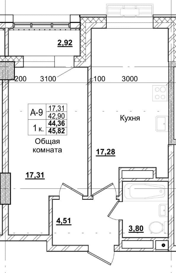 1 комн., 45.0 м²