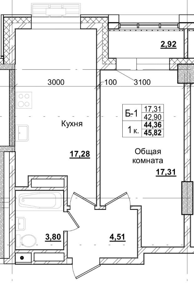 1 комн., 44.8 м²