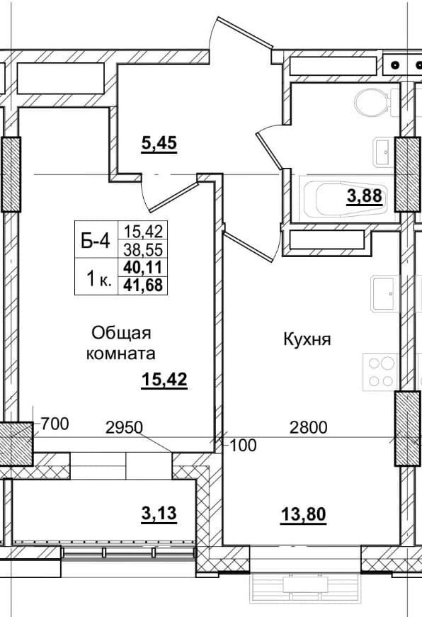1 комн., 40.7 м²