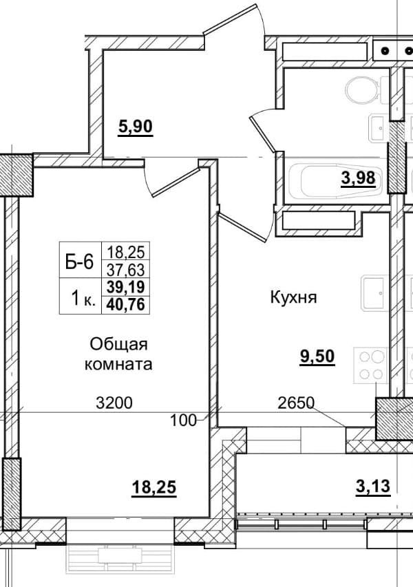 1 комн., 39.8 м²