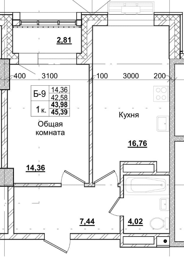1 комн., 44.4 м²