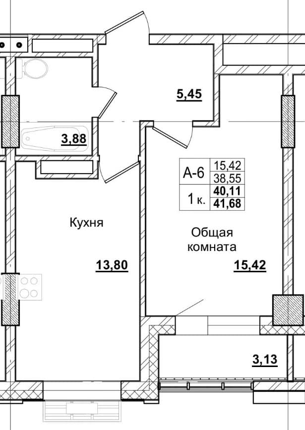 1 комн., 40.5 м²