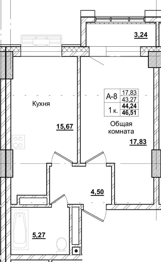 1 комн., 44.7 м²