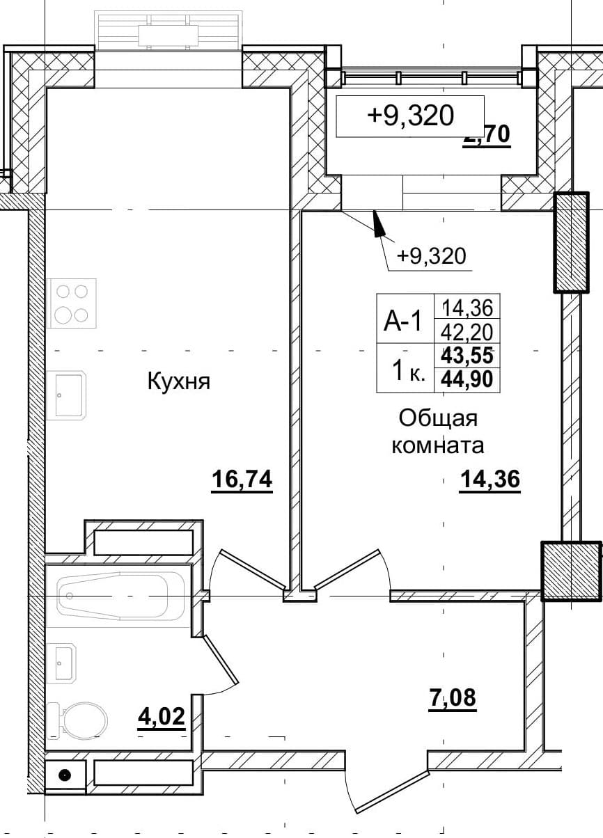 1 комн., 44.1 м²