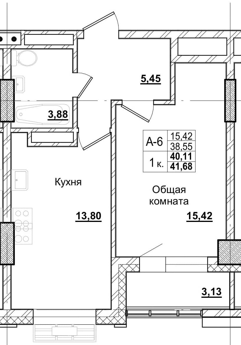 1 комн., 40.3 м²