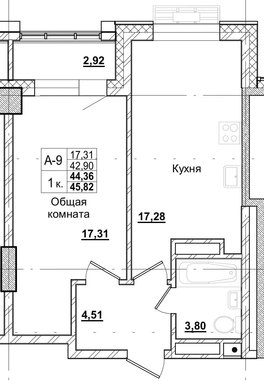 1 комн., 44.6 м²