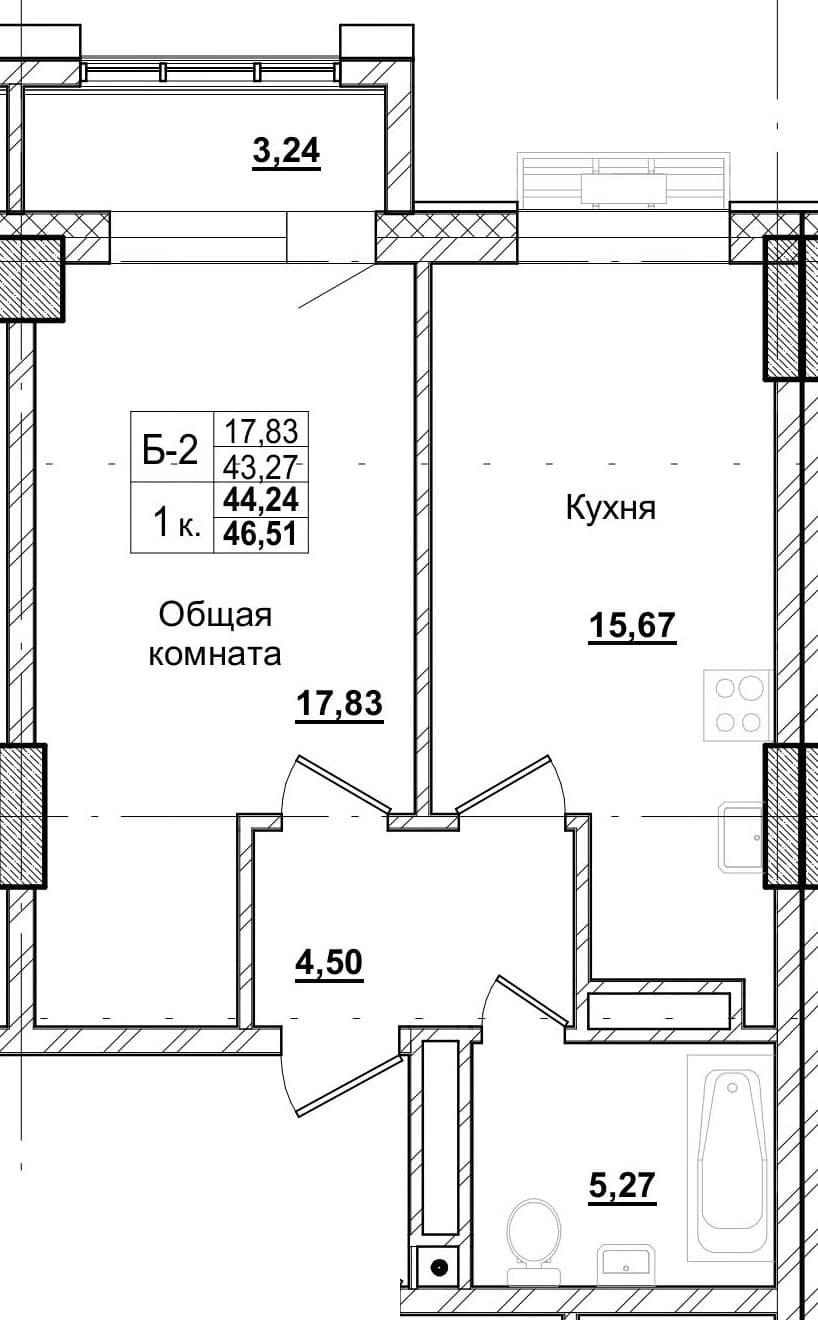 1 комн., 44.5 м²