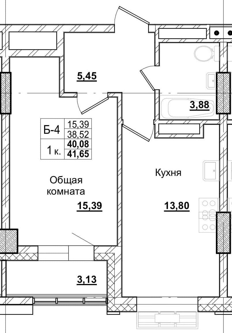 1 комн., 40.3 м²
