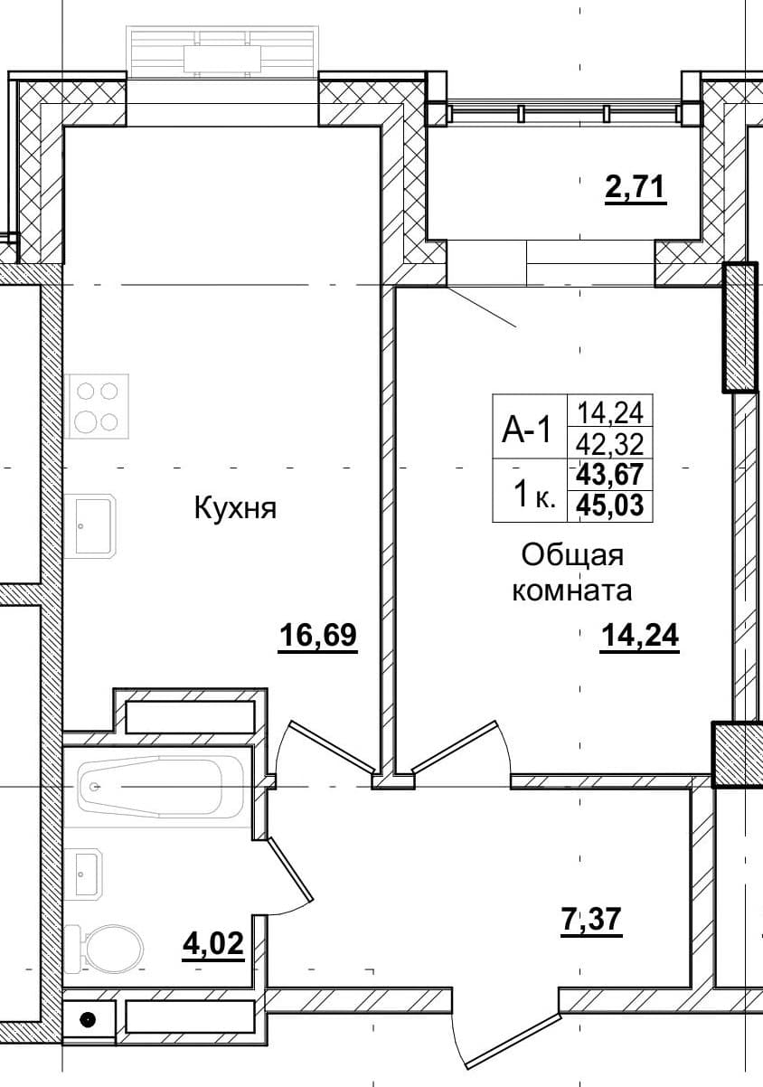 1 комн., 44.0 м²