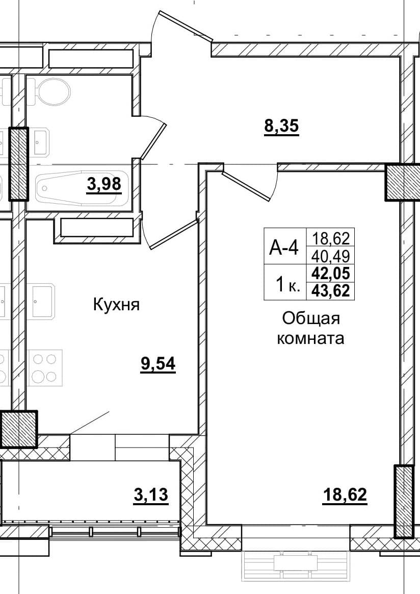 1 комн., 39.8 м²