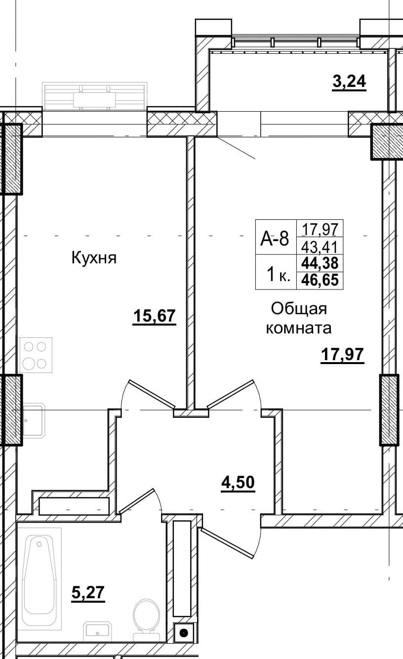 1 комн., 44.5 м²