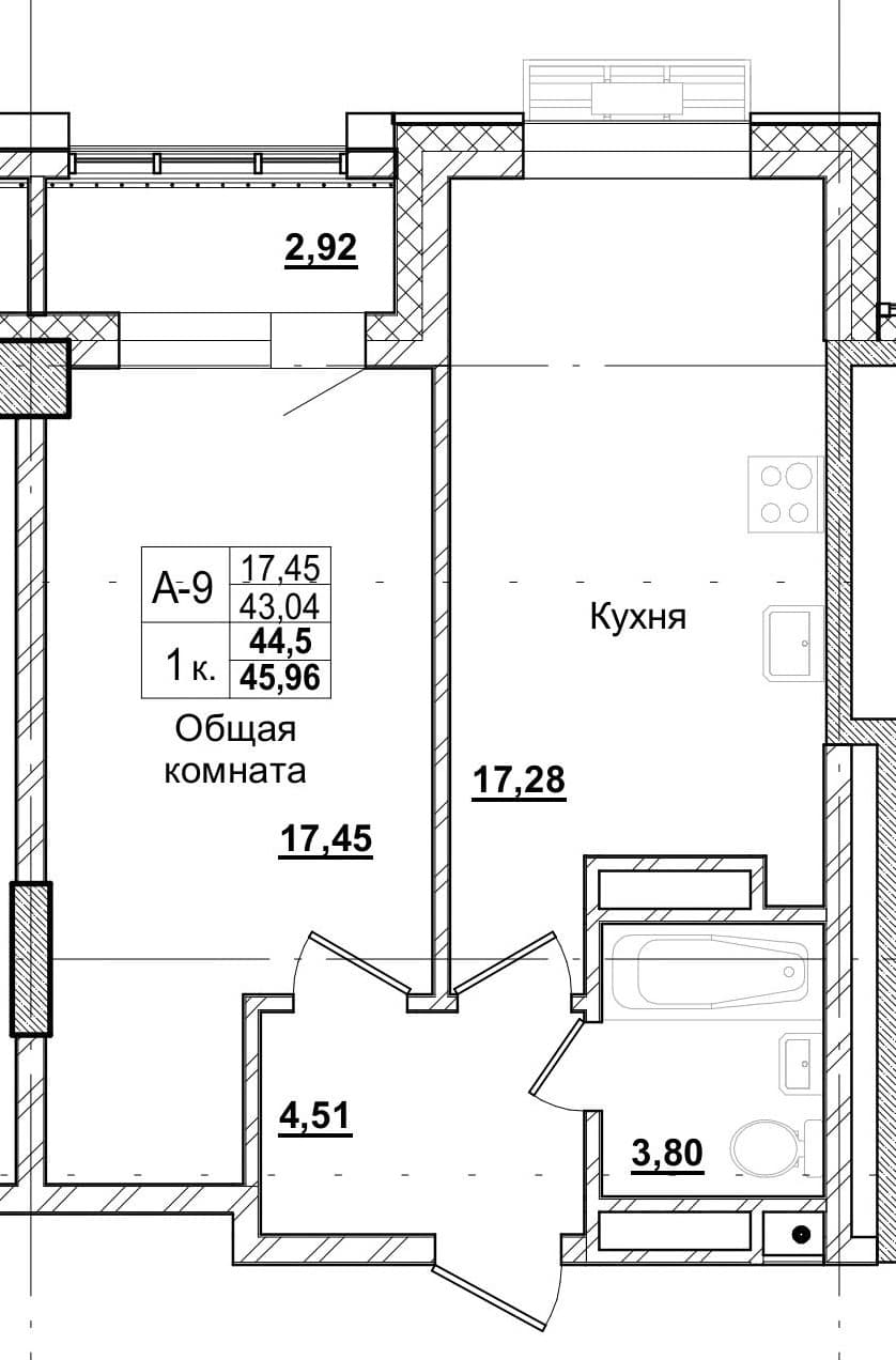 1 комн., 44.4 м²