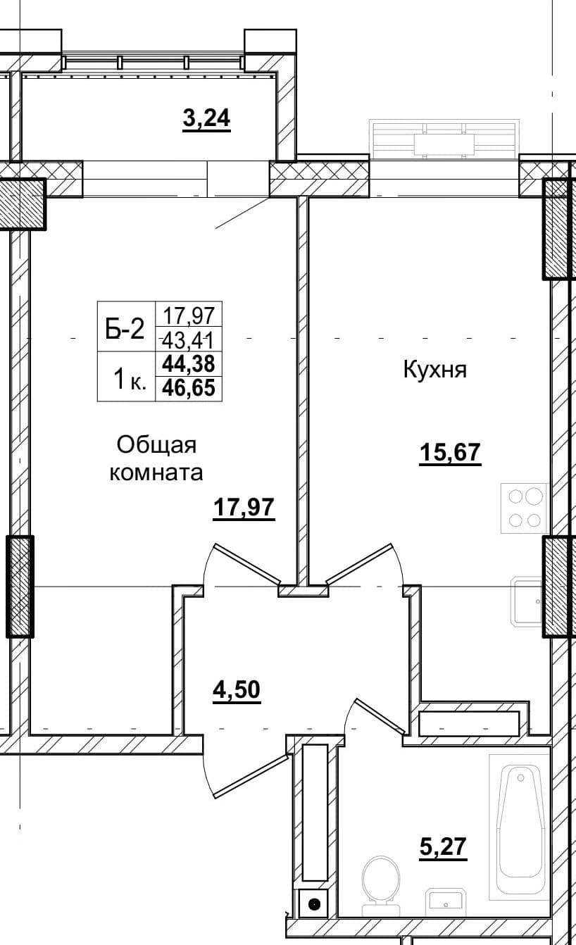 1 комн., 44.5 м²