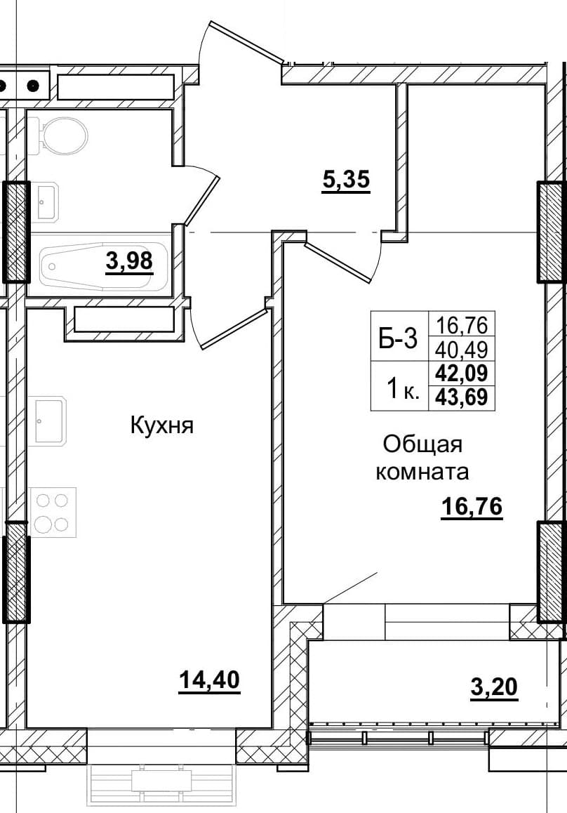 1 комн., 42.0 м²