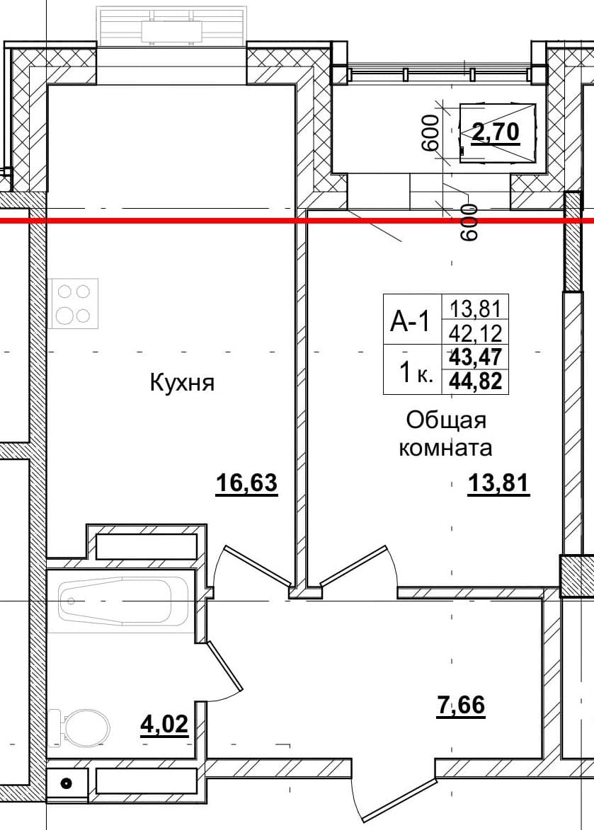1 комн., 43.4 м²