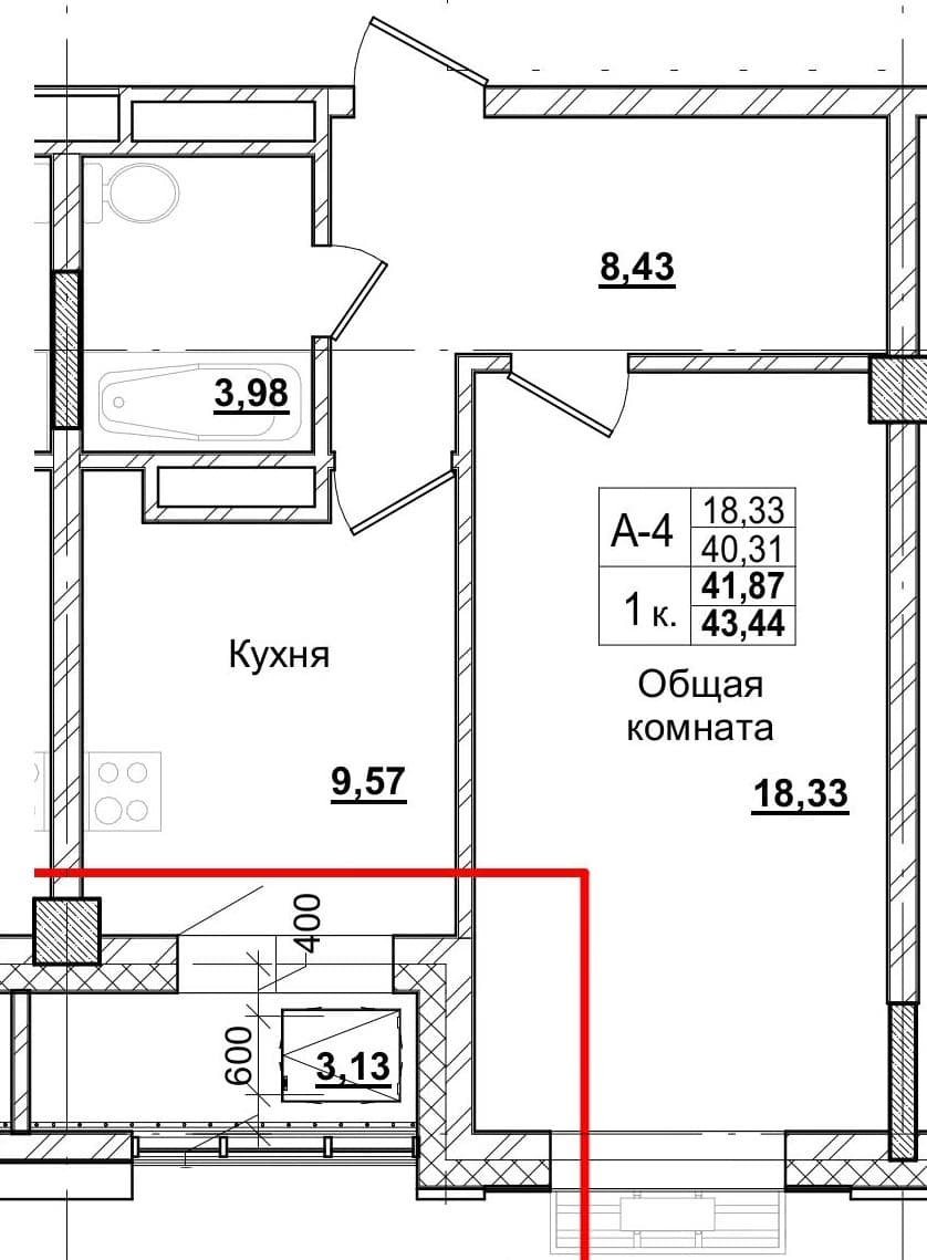 1 комн., 39.5 м²