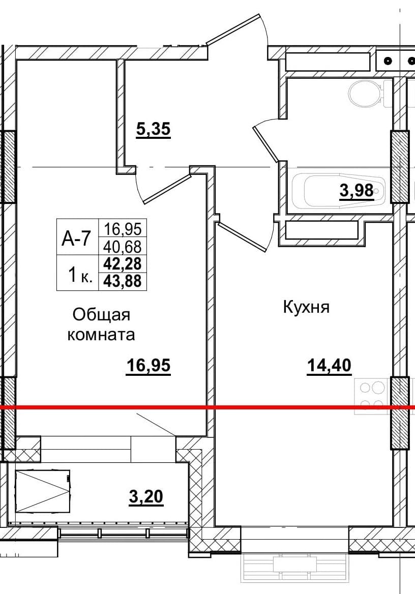 1 комн., 42.0 м²