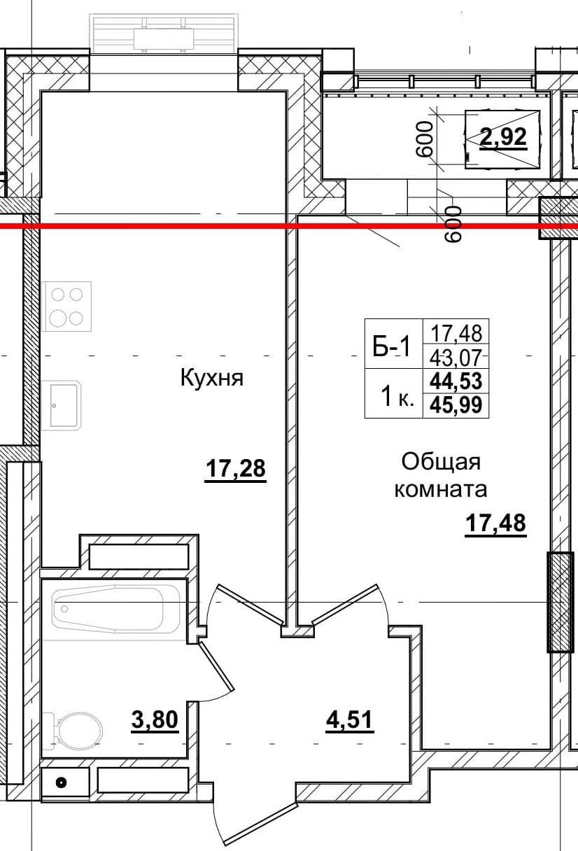 1 комн., 44.3 м²