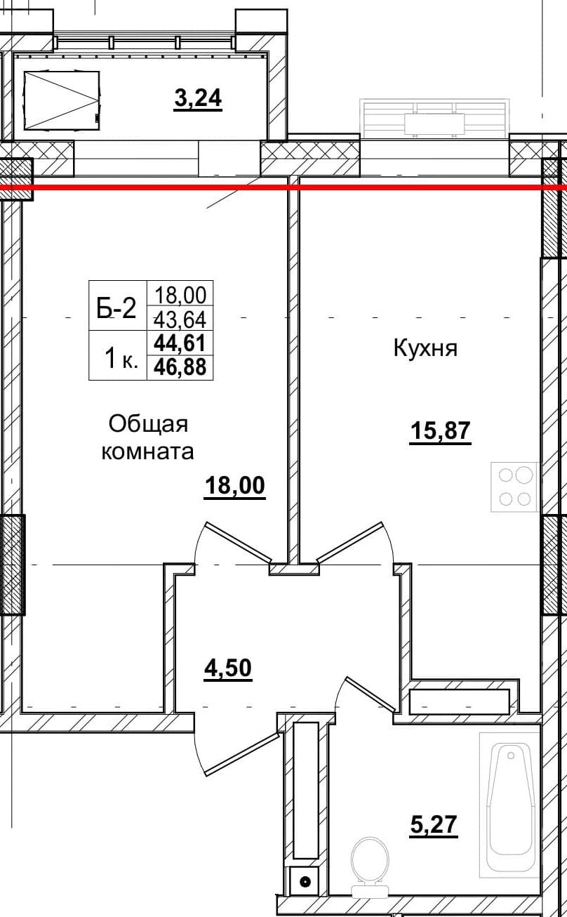 1 комн., 44.5 м²