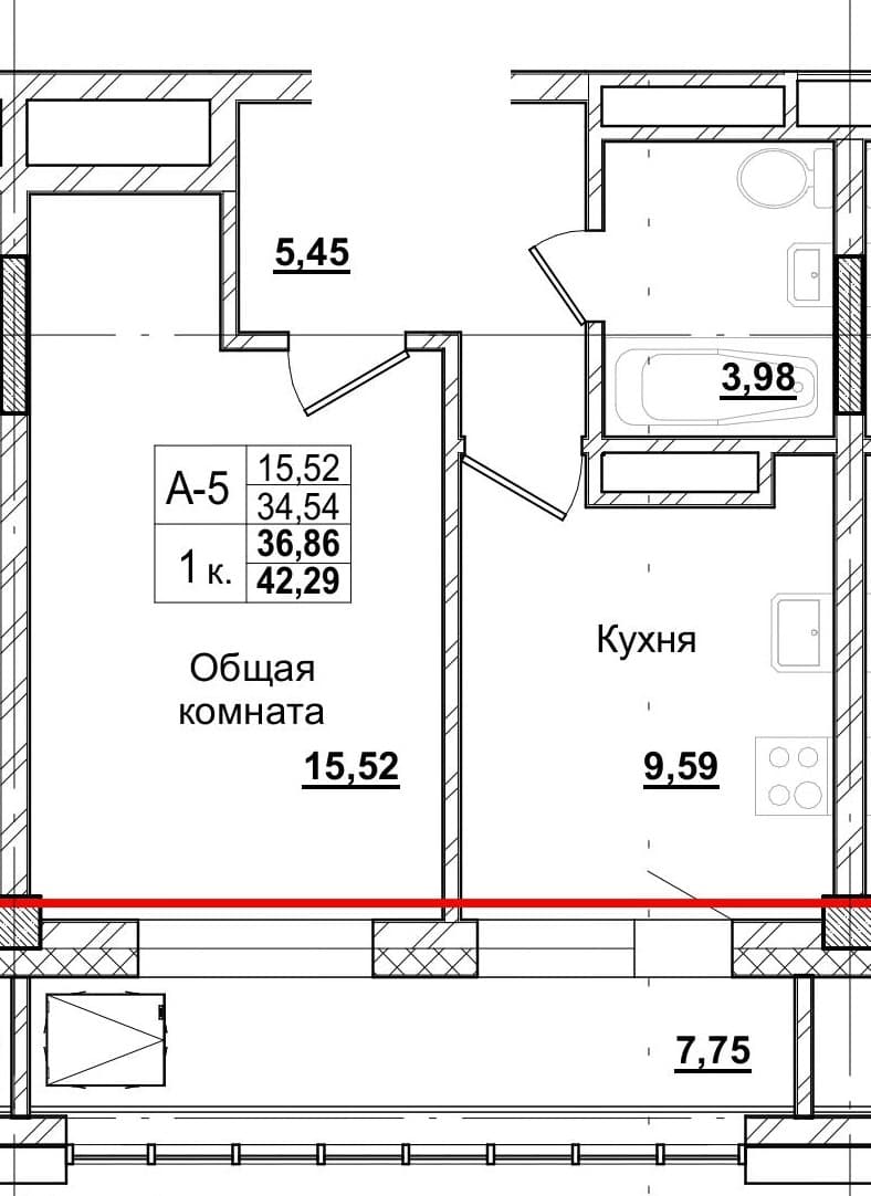 1 комн., 36.4 м²