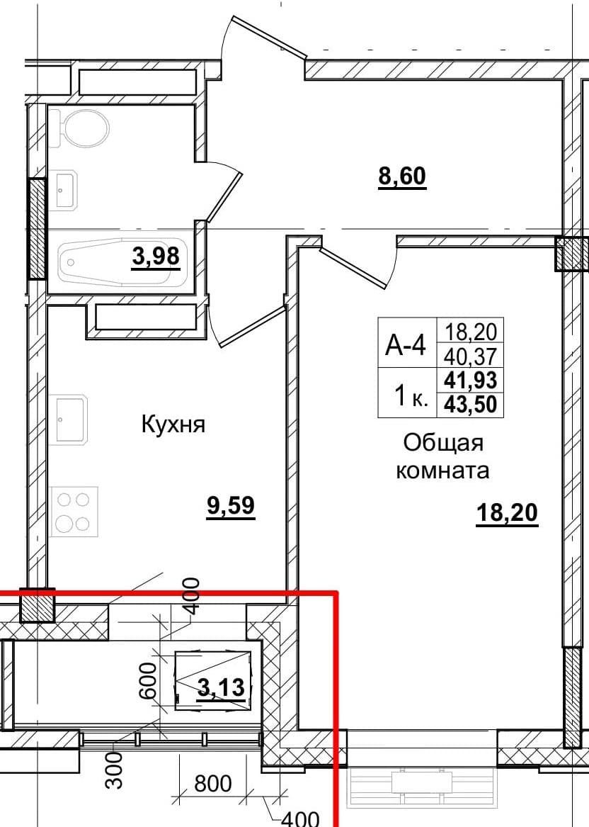 1 комн., 39.4 м²