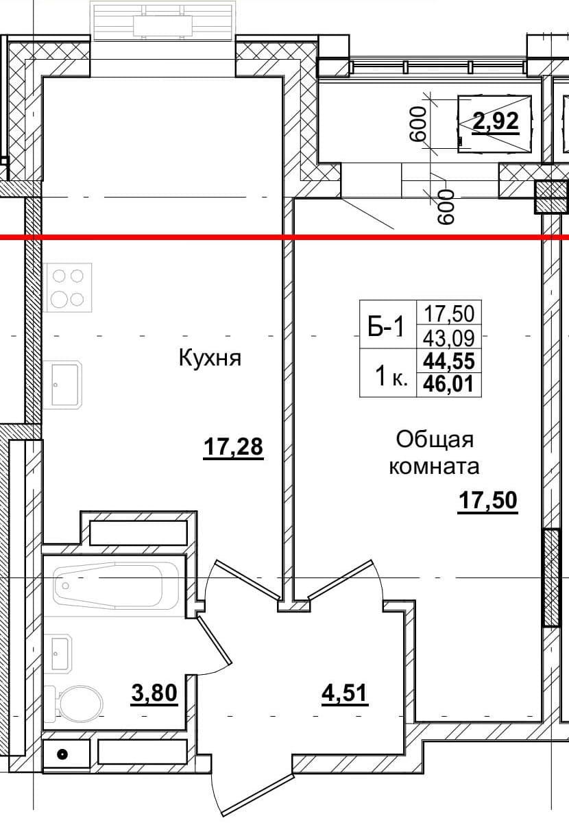1 комн., 44.2 м²