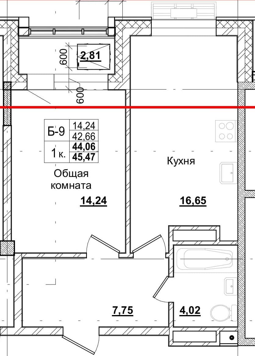 1 комн., 43.8 м²