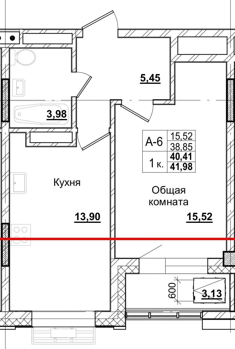 1 комн., 40.0 м²