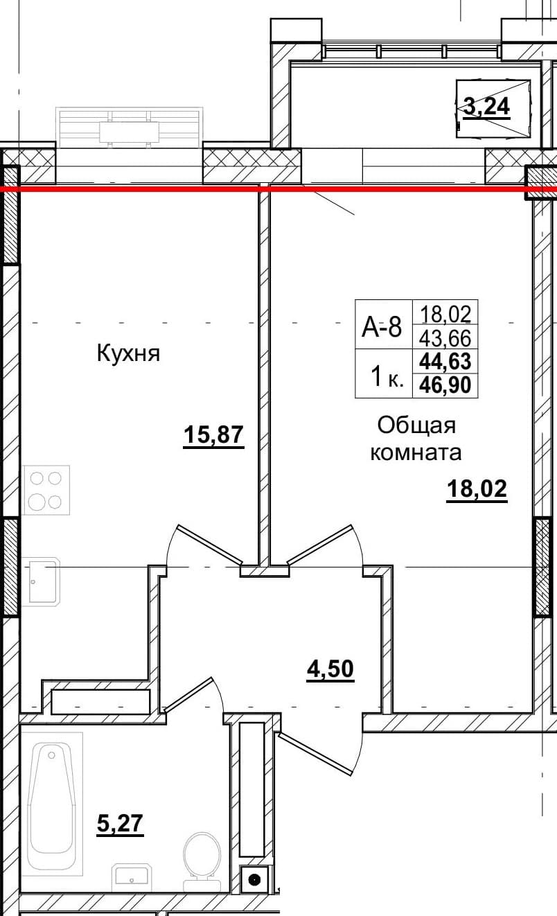 1 комн., 44.1 м²