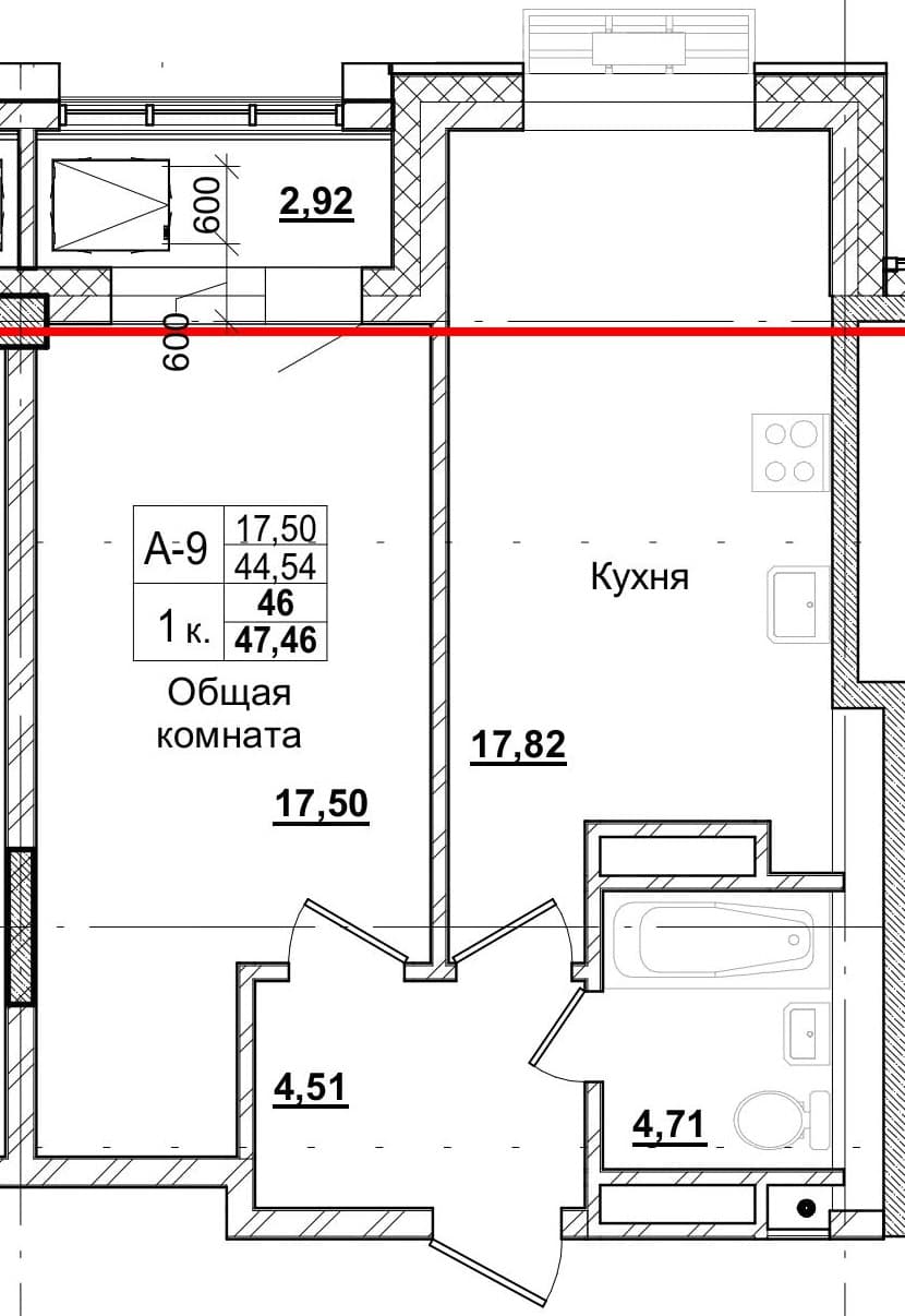 1 комн., 44.1 м²