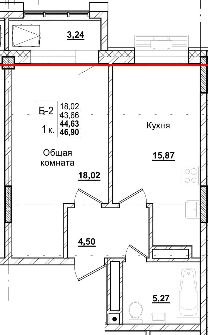 1 комн., 44.1 м²
