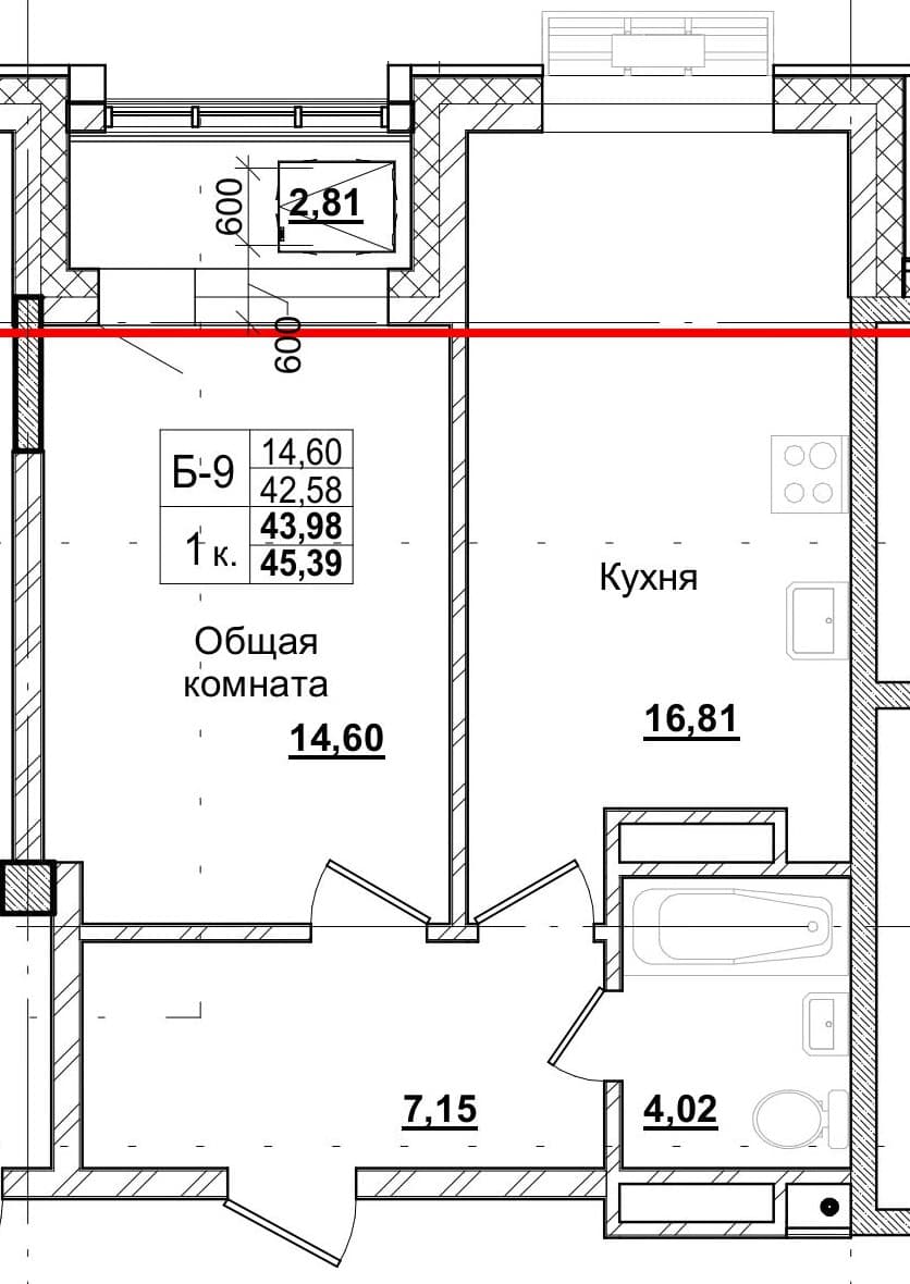 1 комн., 43.3 м²