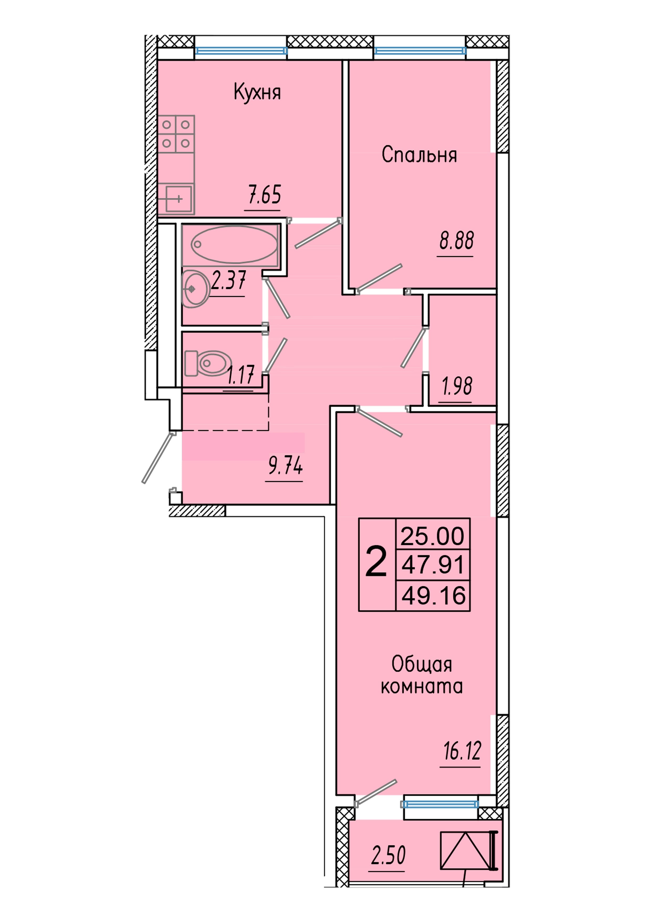 2 комн., 49.2 м²