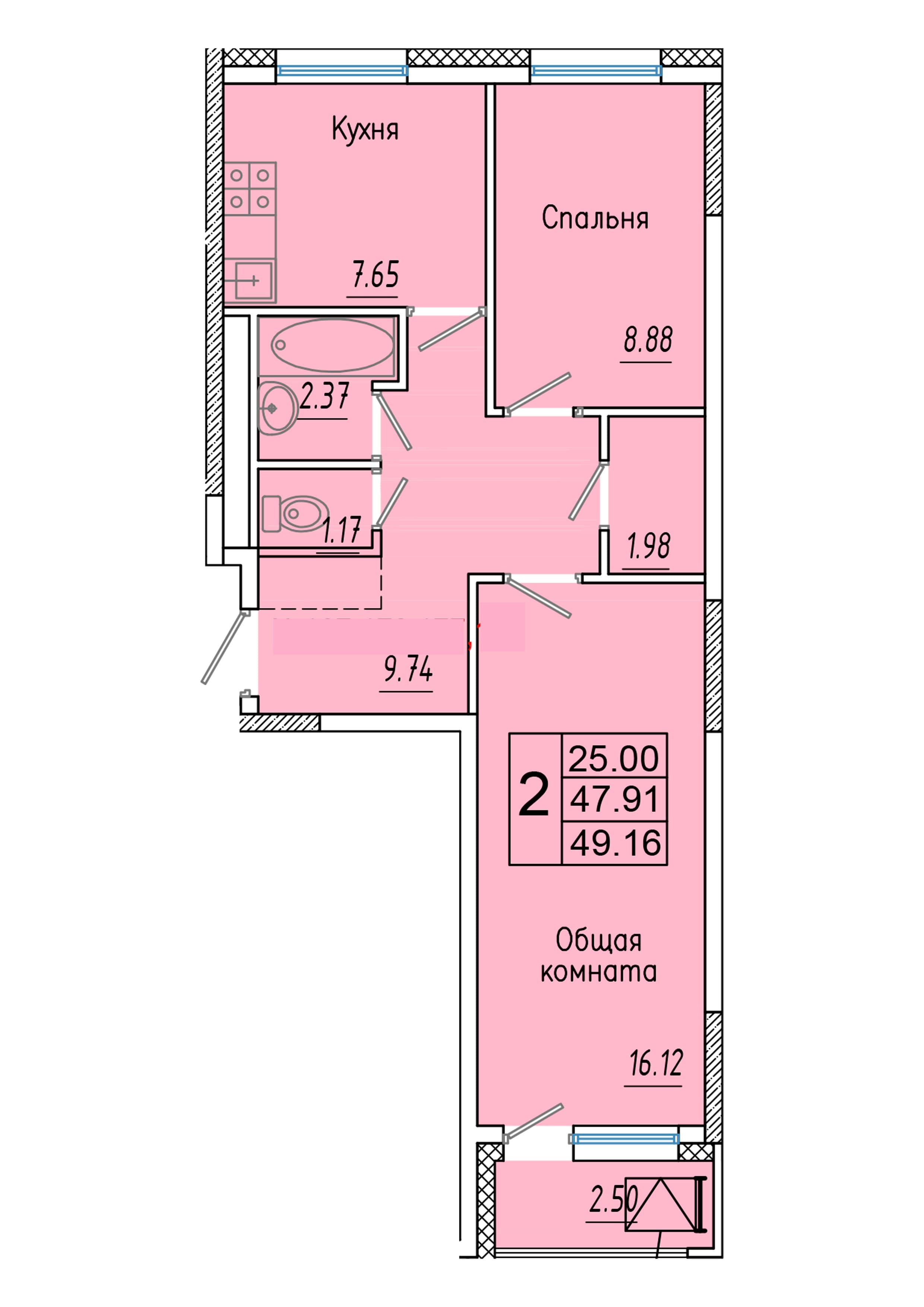 2 комн., 49.2 м²