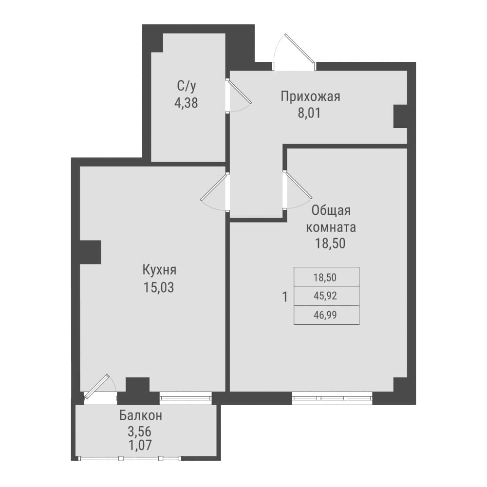 1 комн., 47.0 м²