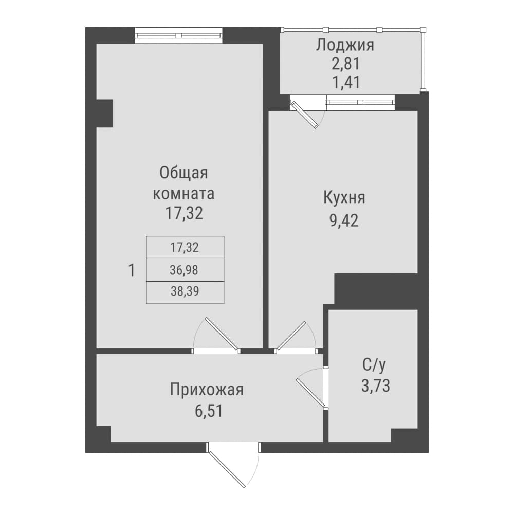 1 комн., 38.4 м²