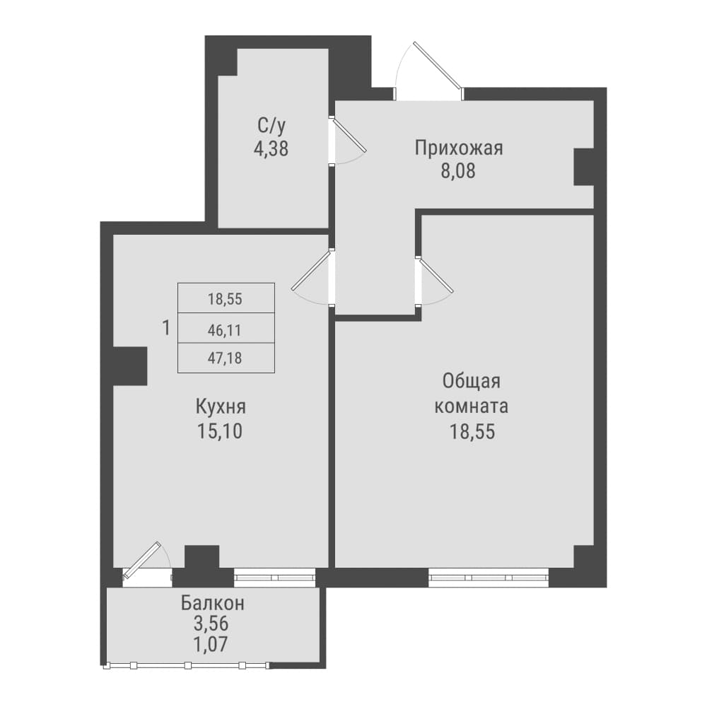 1 комн., 47.2 м²