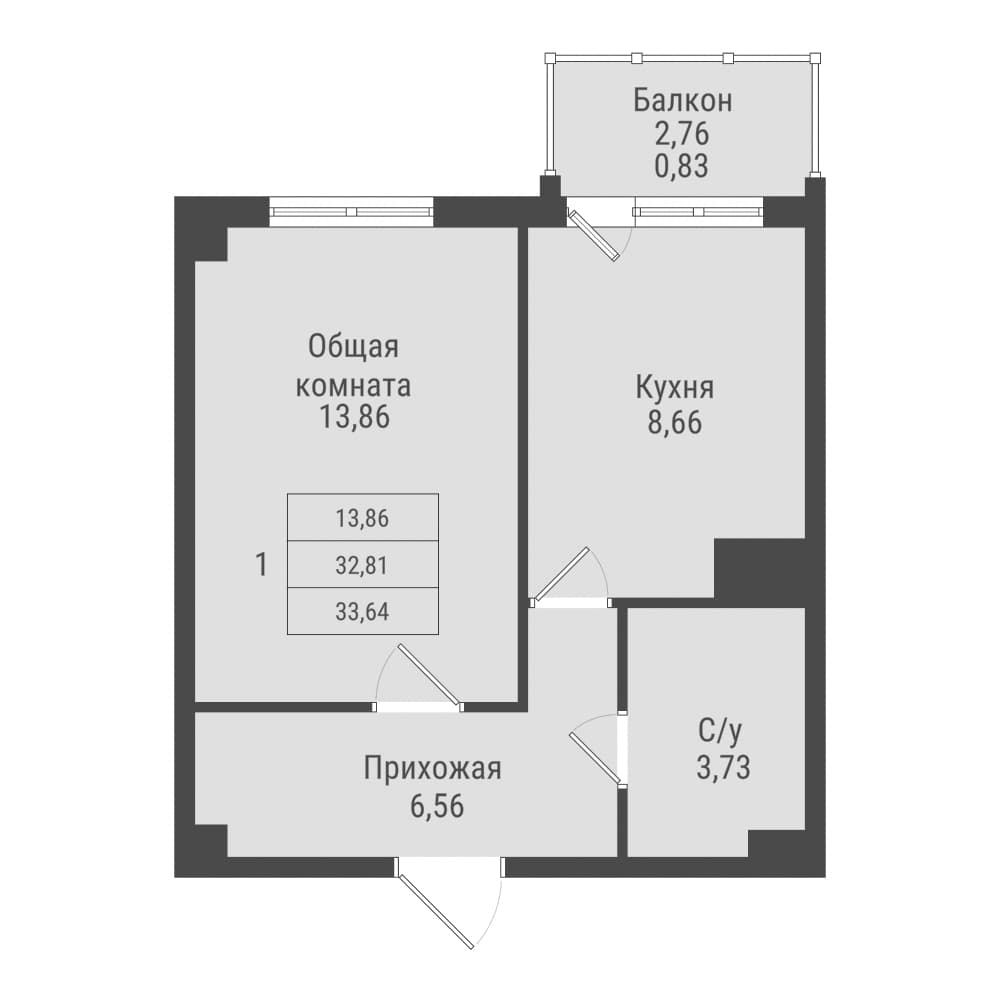 1 комн., 33.6 м²