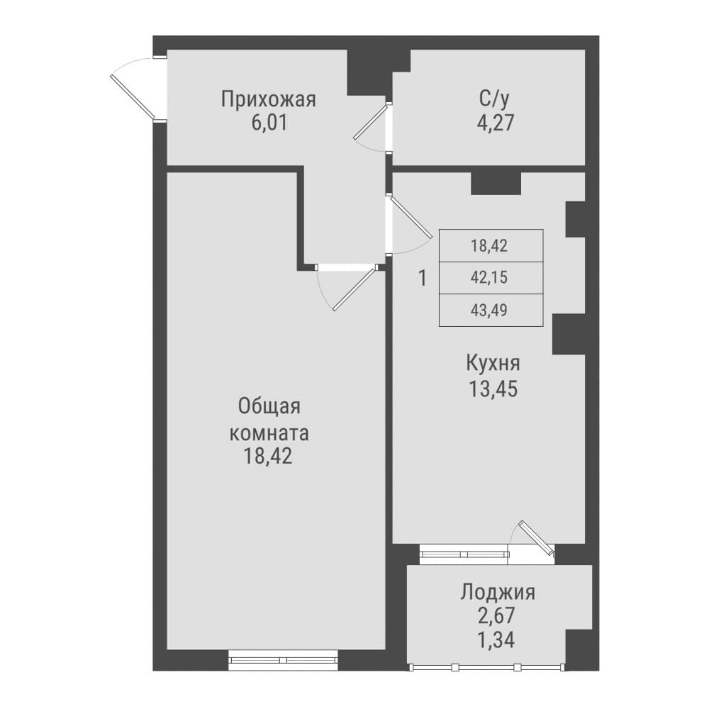 1 комн., 43.5 м²
