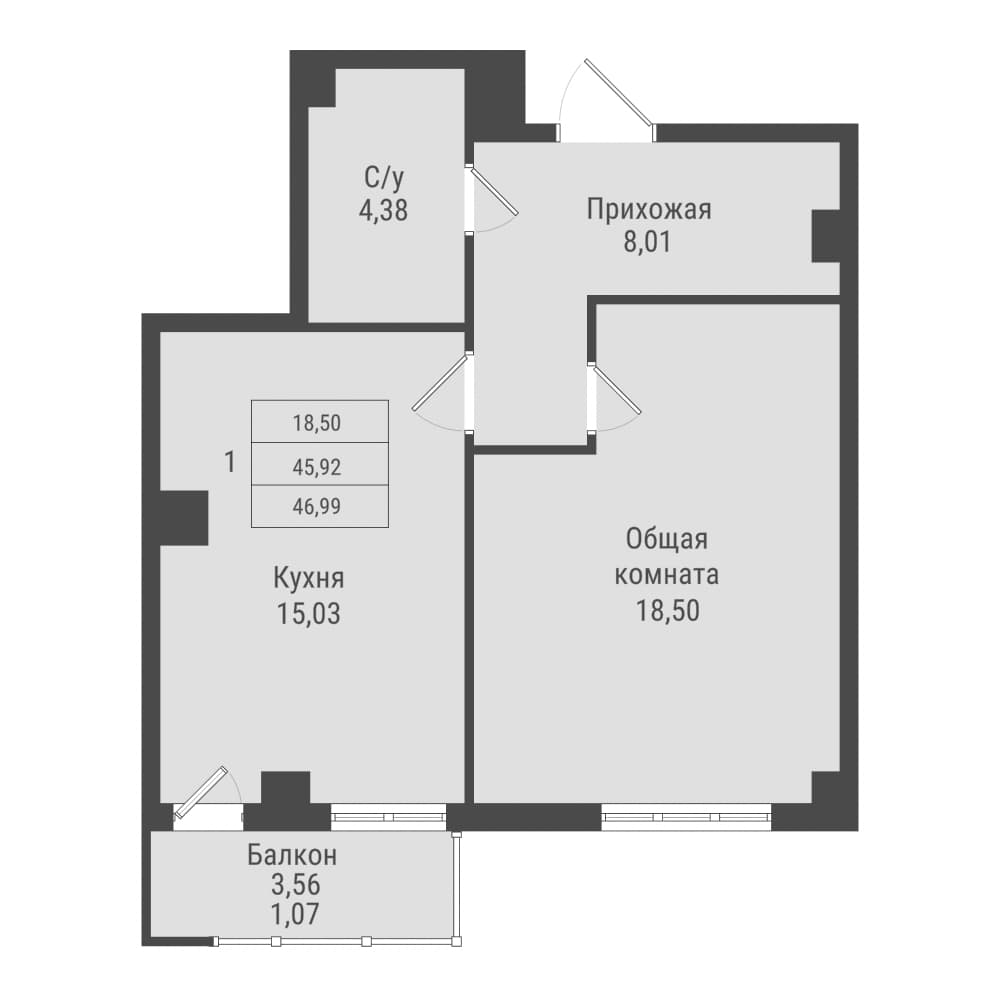 1 комн., 47.0 м²