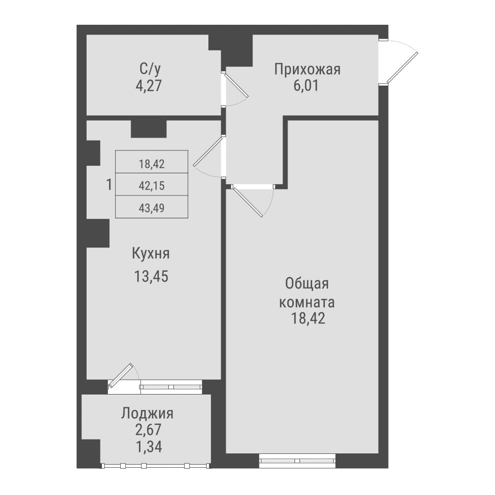 1 комн., 43.5 м²