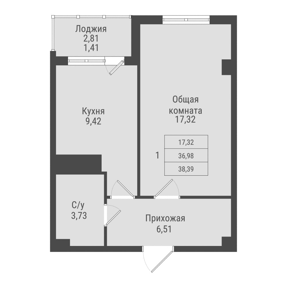 1 комн., 38.4 м²
