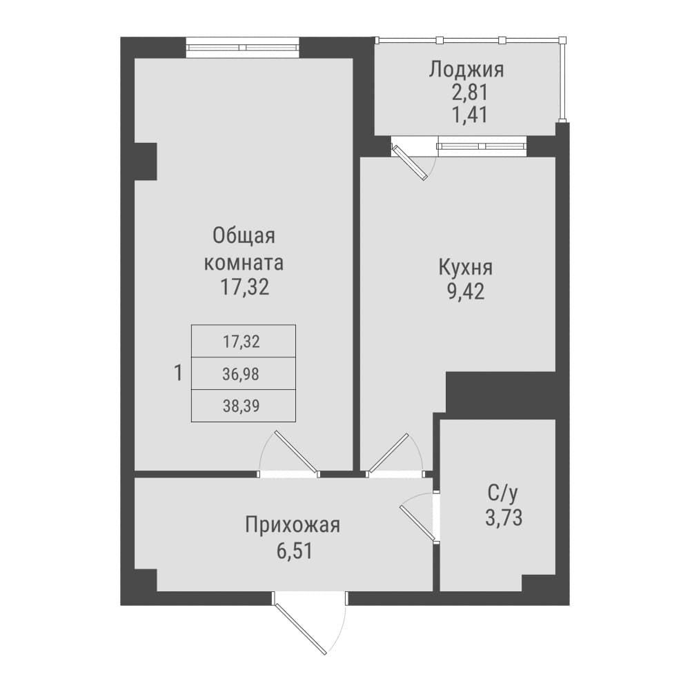 1 комн., 38.4 м²