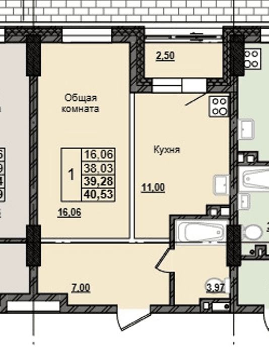 1 комн., 39.3 м²